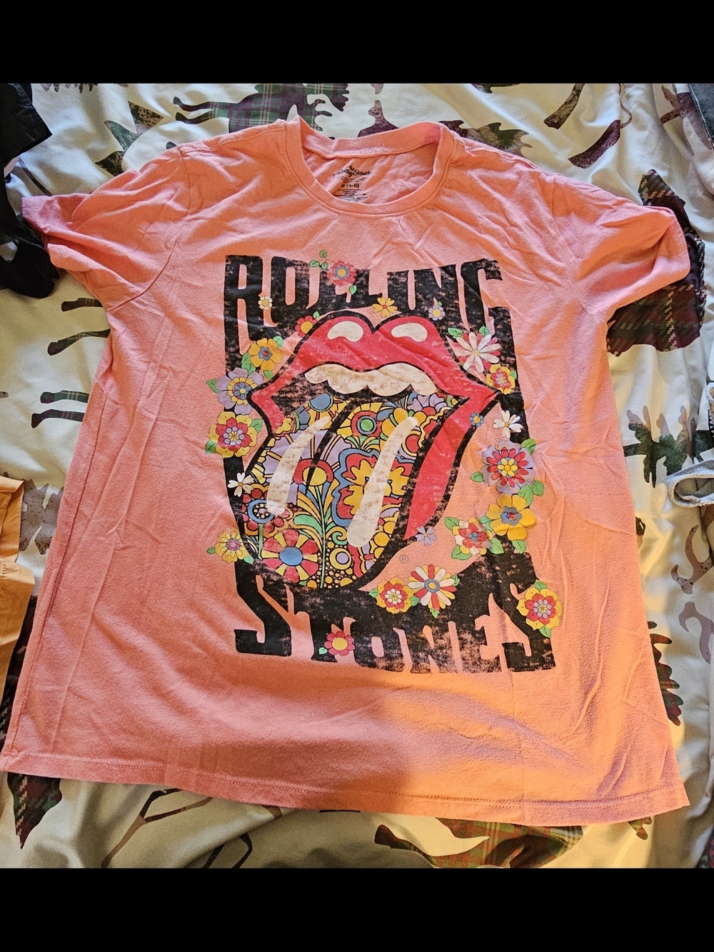 the Rolling Stones Pink Kids Short Sleeve Graphic Tee with Floral Tongue